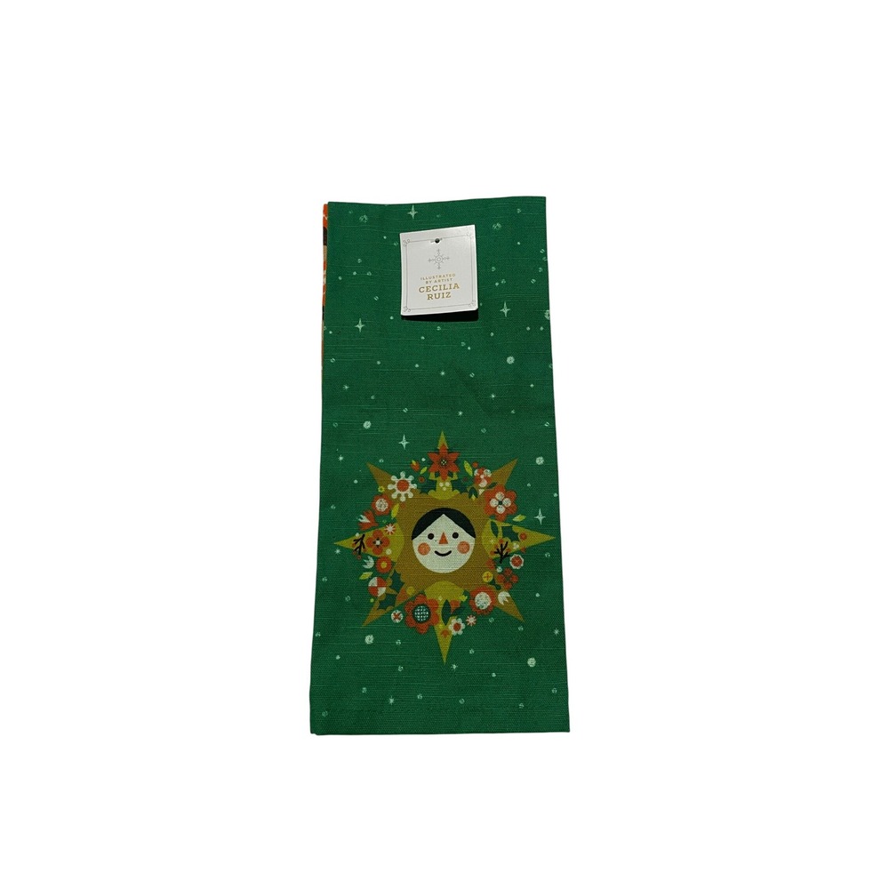 Cecilia Ruiz Illustrated Kitchen Towel Set of 2 Holiday Carolers Green Sun New